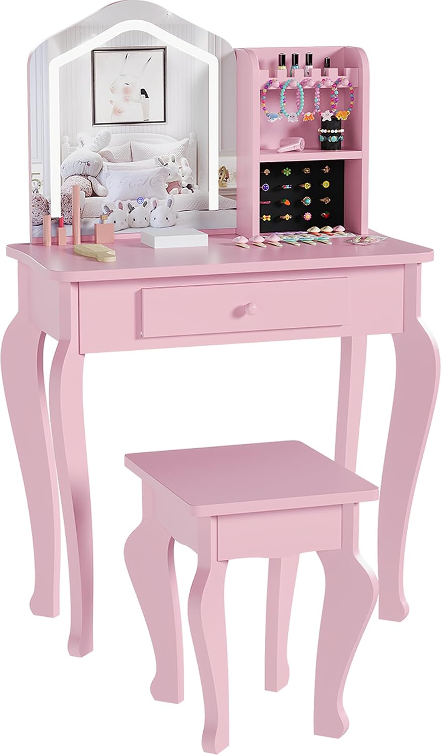 GarveeHome Kids Vanity with Lighted Mirror, Toddler Vanity Table and Chair Set, Girls Makeup Playset, Pink