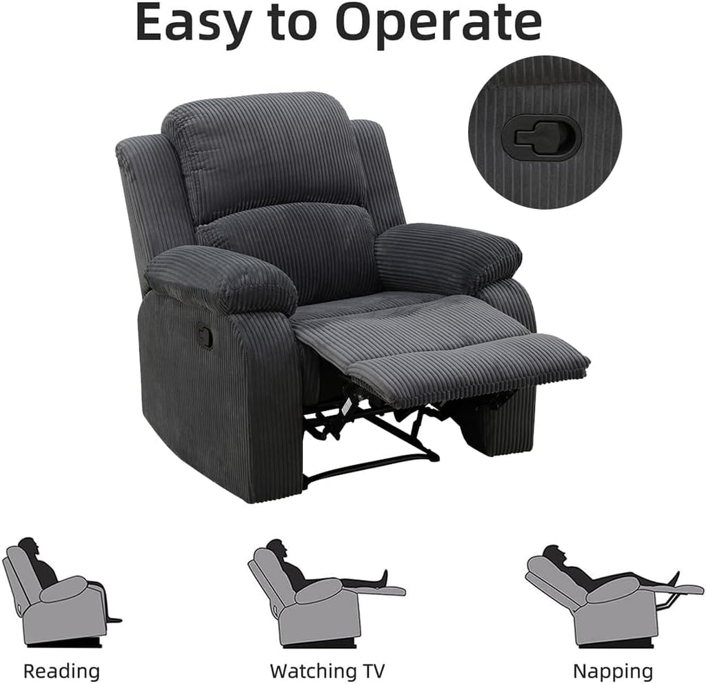 Living Room Furniture Set, Manual Reclining Sofa Set, Dark Grey Corduroy Recliner Couch Sets with Drop-Down Table, Recliner Sofa with Storage Console/Cup Holder for Living Room/Apartment