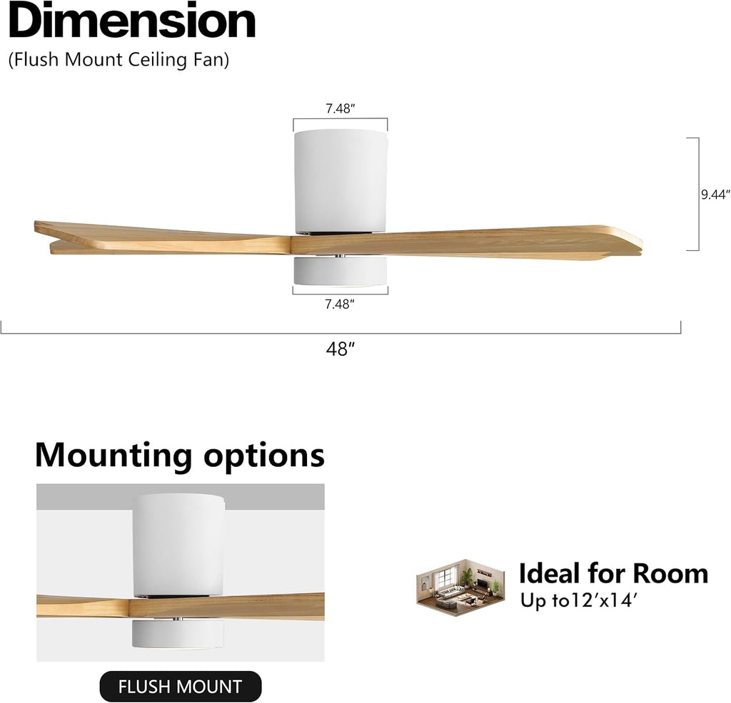 WINGBO 48 Inch Flush Mount DC Ceiling Fan with Lights and Remote, 5 Reversible Carved Wood Blades, 6-Speed Noiseless DC Motor, Hugger Ceiling Fan in White Finish with Oak Blades, ETL Listed