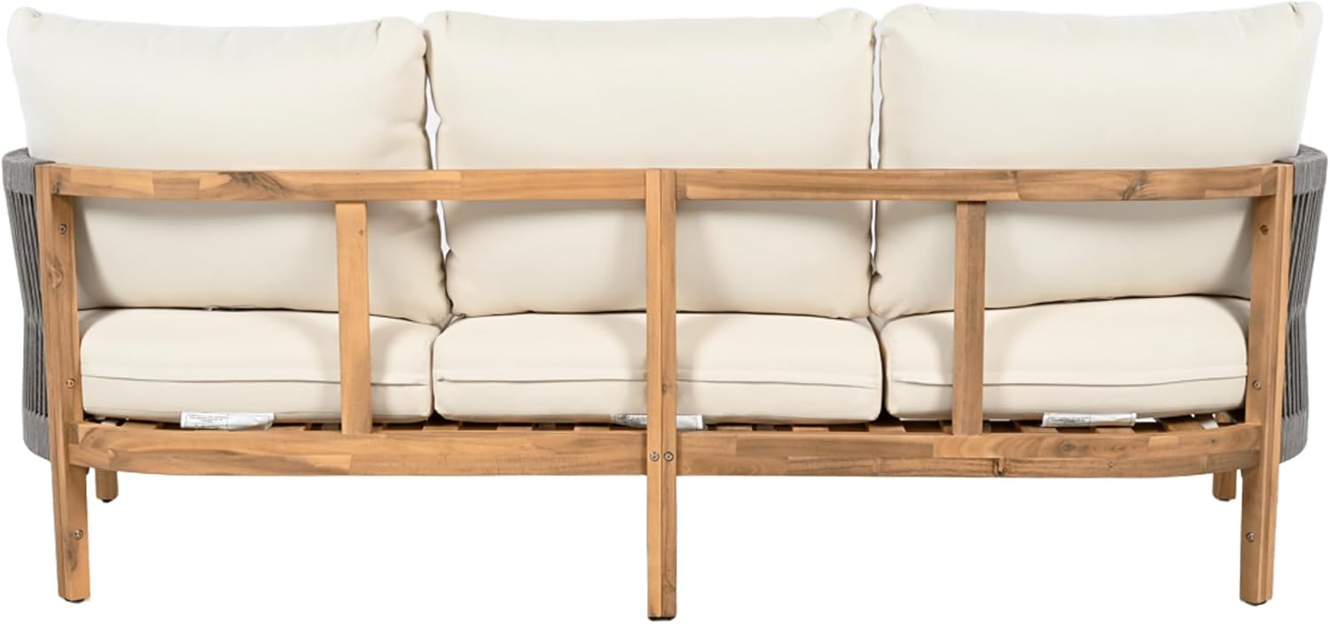 Christopher Knight Home Havets 77'W Outdoor 3 Seater Sofa, 6' Thick Cushion Couch, Acacia Wood Bench Sofa, Comfy Woven Rope Armchair, Spacious Seating Bench Couch for Backyard Garden Porch, Gray+Beige