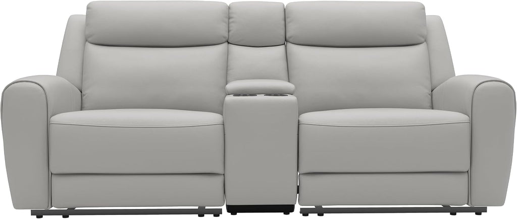 Furniture of America Larson Modern Leather Recliner Loveseat with Storage Console and Cup Holders, Reclining Sofa, Comfortable Couch for Living Room, Office, Home Theater, Light Grey