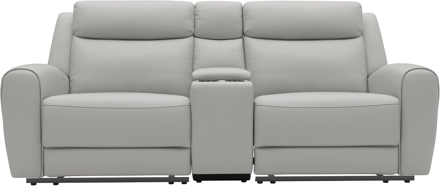 Furniture of America Larson Modern Leather Recliner Loveseat with Storage Console and Cup Holders, Reclining Sofa, Comfortable Couch for Living Room, Office, Home Theater, Light Grey