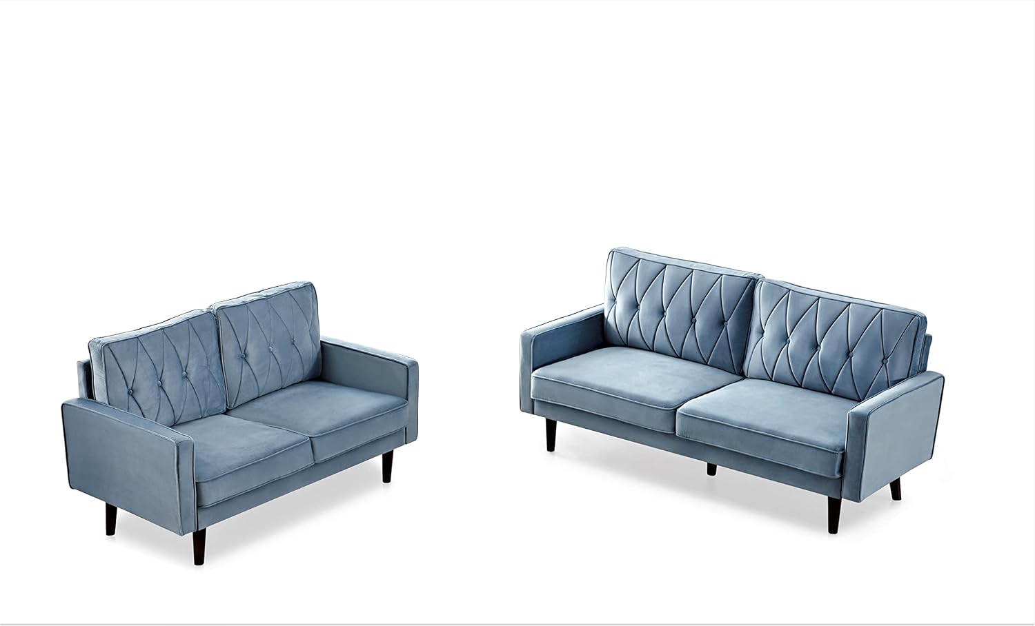Container Furniture Modern Style Tufted Velvet Couches for Living Room with Soft Fabric Upholstery and Solid Wood Frame, 2 Piece Sofa and Loveseat Set, Light Grayish Cyan