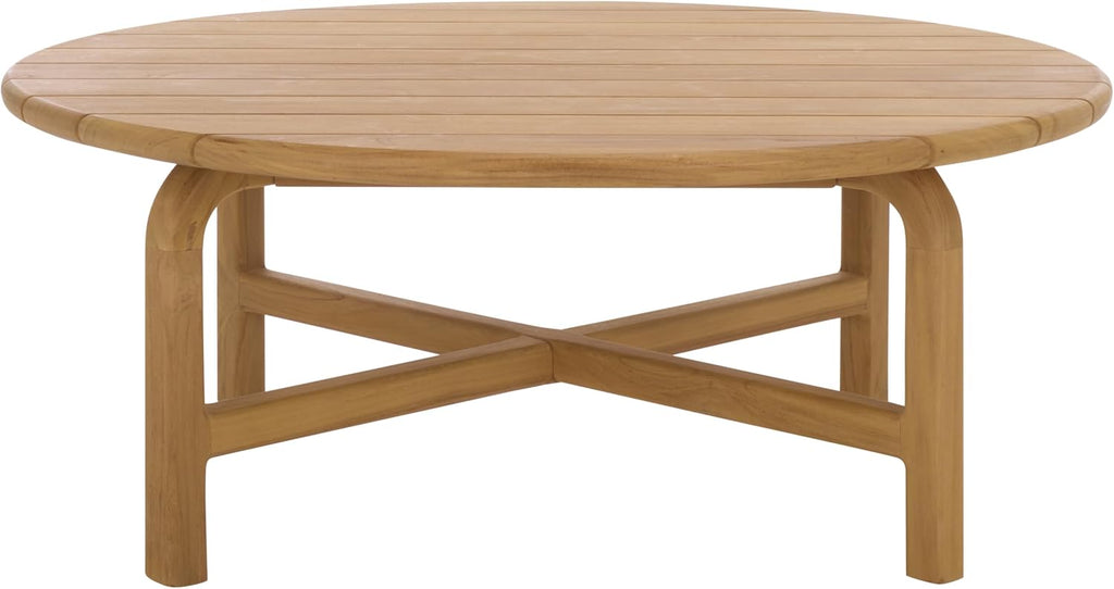 SAFAVIEH Couture Outdoor Patio Furniture Collection – Rogers Natural Teak Solid Wood Round Slatted Coffee Table, Modern Outdoor Living (CPT2015)