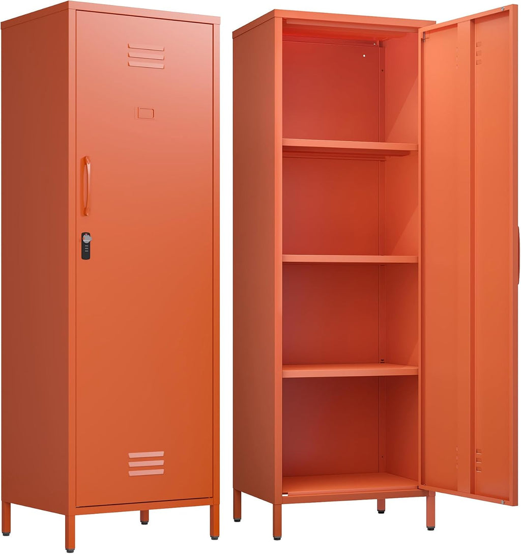 Metal Locker Storage Cabinets 59.06'H Orange Locking File Cabinets Kitchen Food Pantry Cabinet with 2 Doors and Shelves for Dining Room, Living Room,Bathroom Office,Home,Garage, Gym, School