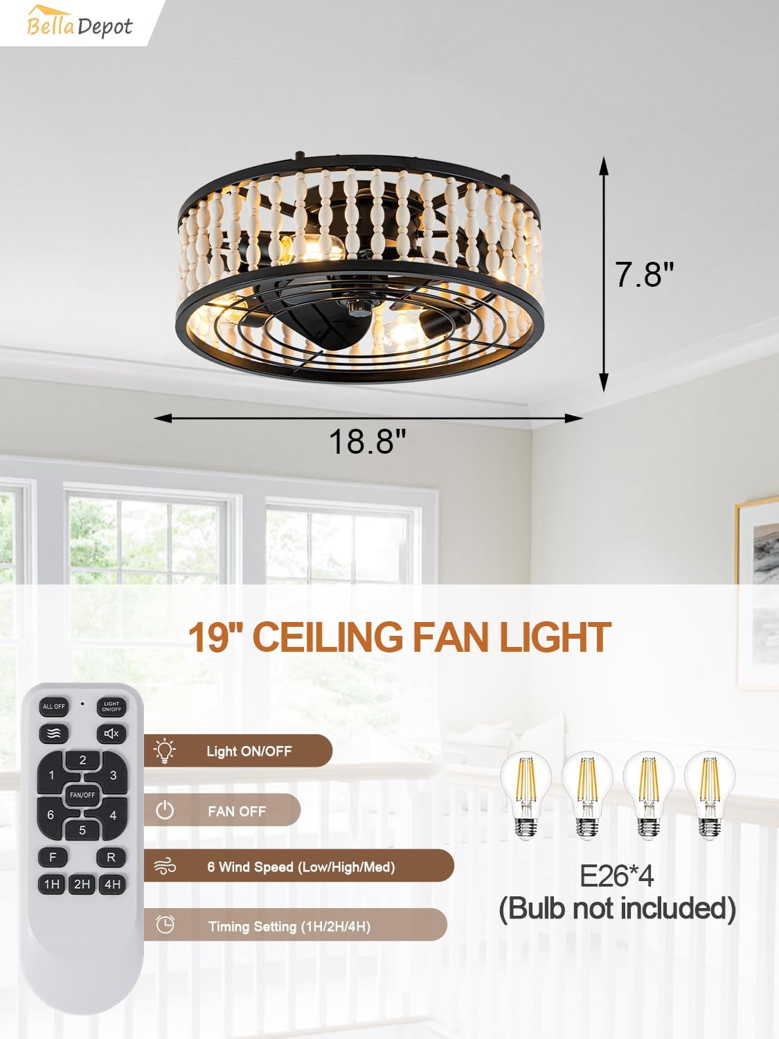 Bella Depot 19' Boho Ceiling Fan with Light, Flush Mount Wood Beaded Fandelier Chandelier Fan, 6 Speeds Reversible Bladeless for Bedroom Kids Room Kitchen, Black Wood