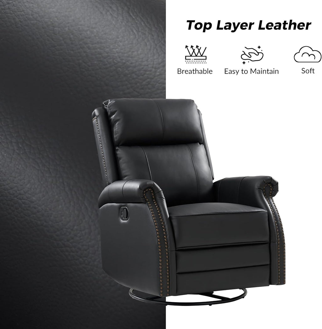 HULALA HOME Genuine Leather Swivel Rocker Recliners Set of 2 with Adjustable Backrest & Footrest,Manual Glider Recliner Chair with Swivel Base, Home Theater Sofa Armchair for Living Room Bedroom,BLACK