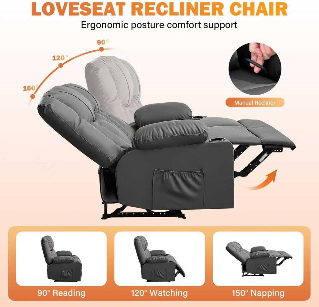 HRVEOCEI Grey Leather Loveseat Recliner with Massage/Heat, Oversized Recliner Couch & Reclining Loveseat with Cup Holders/Pillow, Manual Reclining Sofa for Living Room/Rv/Home Theater Seating (Grey)