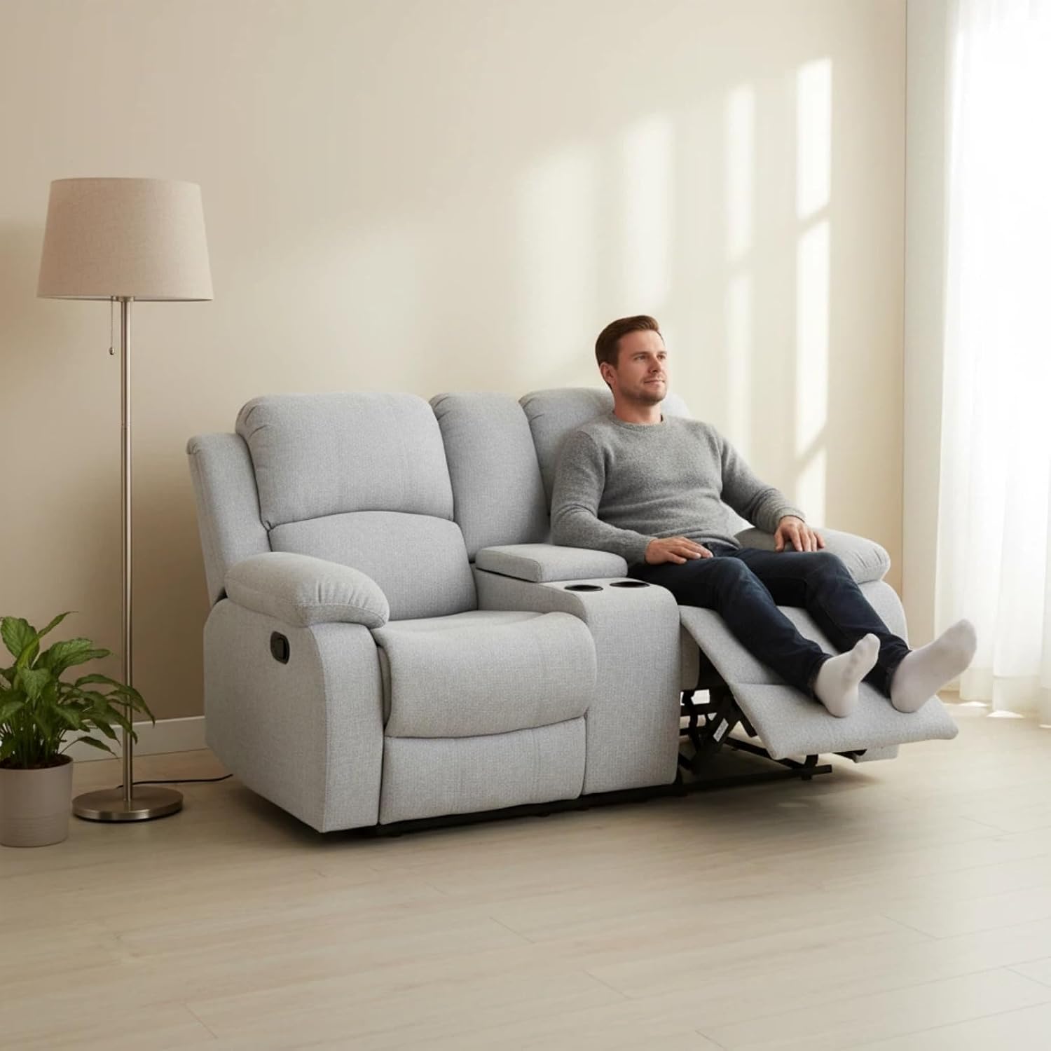 Manual Linen Recliner Sofa Set, Adjustable Backrest Reclining Loveseat Sofa & Recliner Chair with Storage Console & Cup Holders for House, Home Theater, Grey