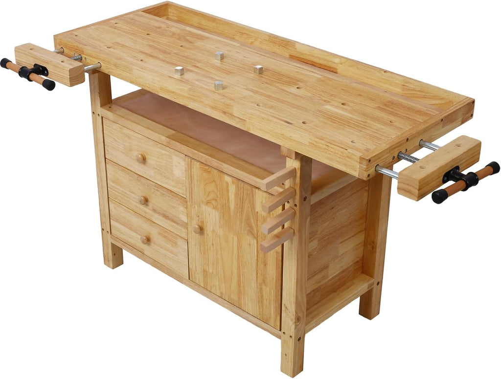 Tidyard Wood Workbench, Heavy-Duty Rubberwood Work Table with Bar Clamps Set 12 inch and 24 inch, Four Metal Pillars and Storage Drawers for Garage Workshop Home DIY Projects