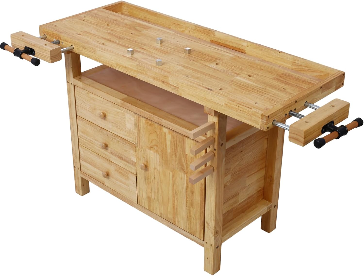 Tidyard Wood Workbench, Heavy-Duty Rubberwood Work Table with Bar Clamps Set 12 inch and 24 inch, Four Metal Pillars and Storage Drawers for Garage Workshop Home DIY Projects
