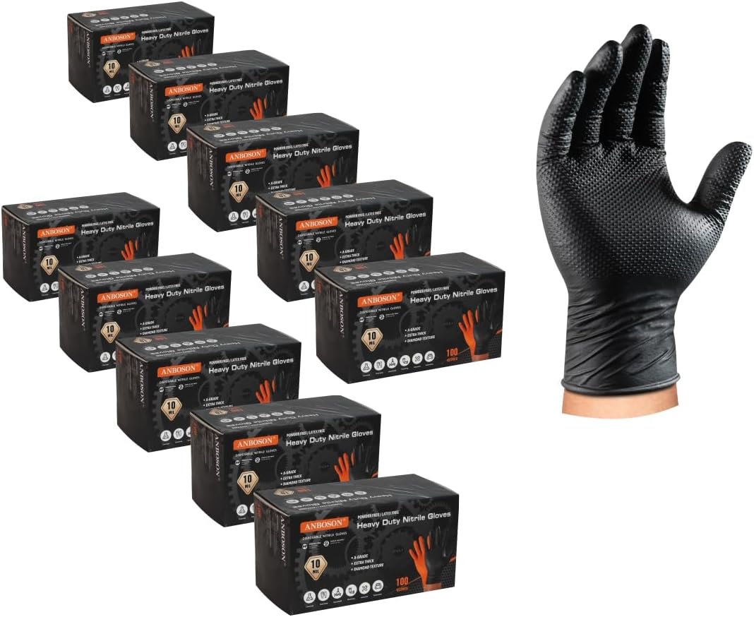 ANBOSON 10 Mil Nitrile Disposable Gloves Heavy Duty Mechanic Gloves Raised Diamond Texture Thick (Black of 1000, X-Large)