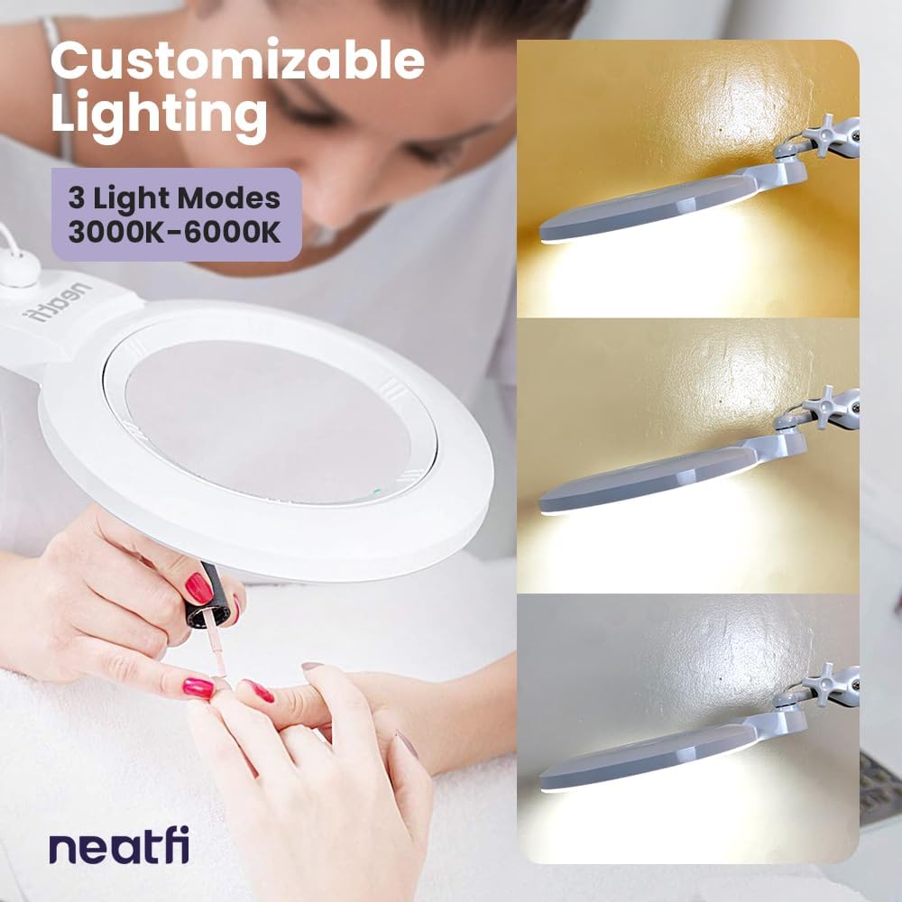 Neatfi XL Bifocal LED Magnifying Lamp, 7' Acrylic Lens, 2.25X/6X, 1,600 Lumens Dimmable | 3 Light Modes, Adjustable Arm & Clamp | Reading, Crafting & Jewelry (White, 7-inch Lens, CCT with Clamp)