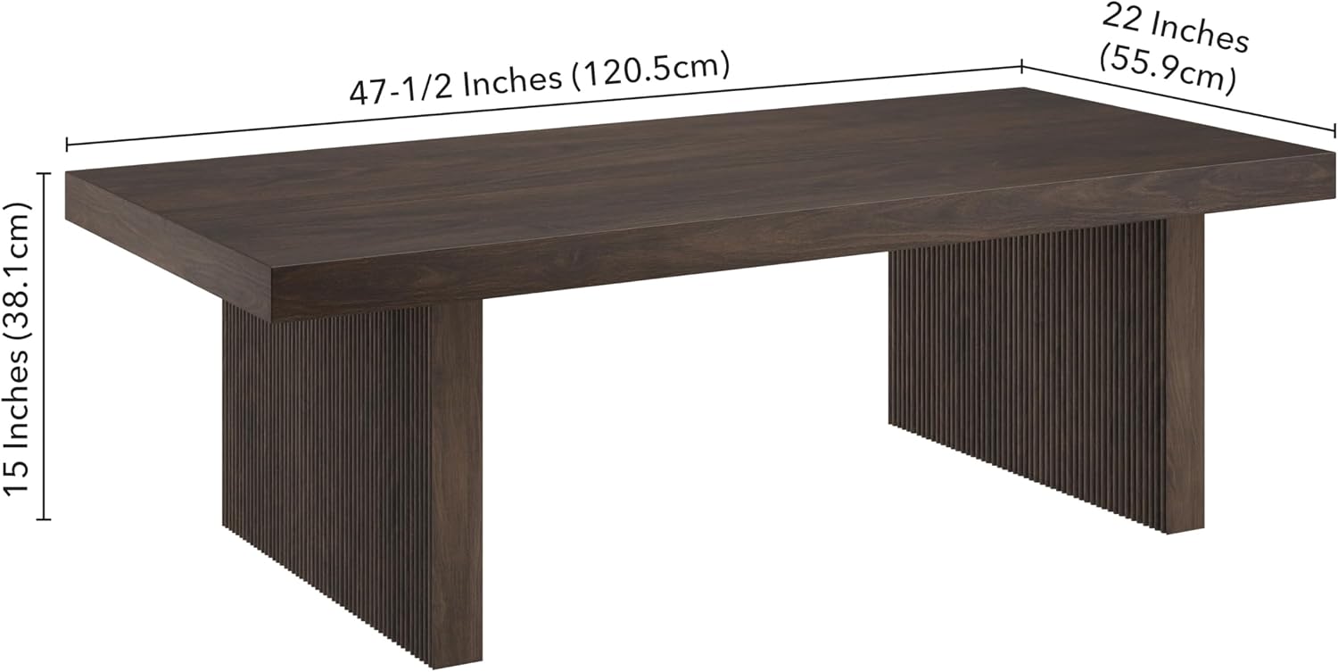 Henn&Hart 48' Fluted Rectangular Low-Profile Coffee Table with Ribbed Base for Living Room, Family Room, or Office, Rich Brown