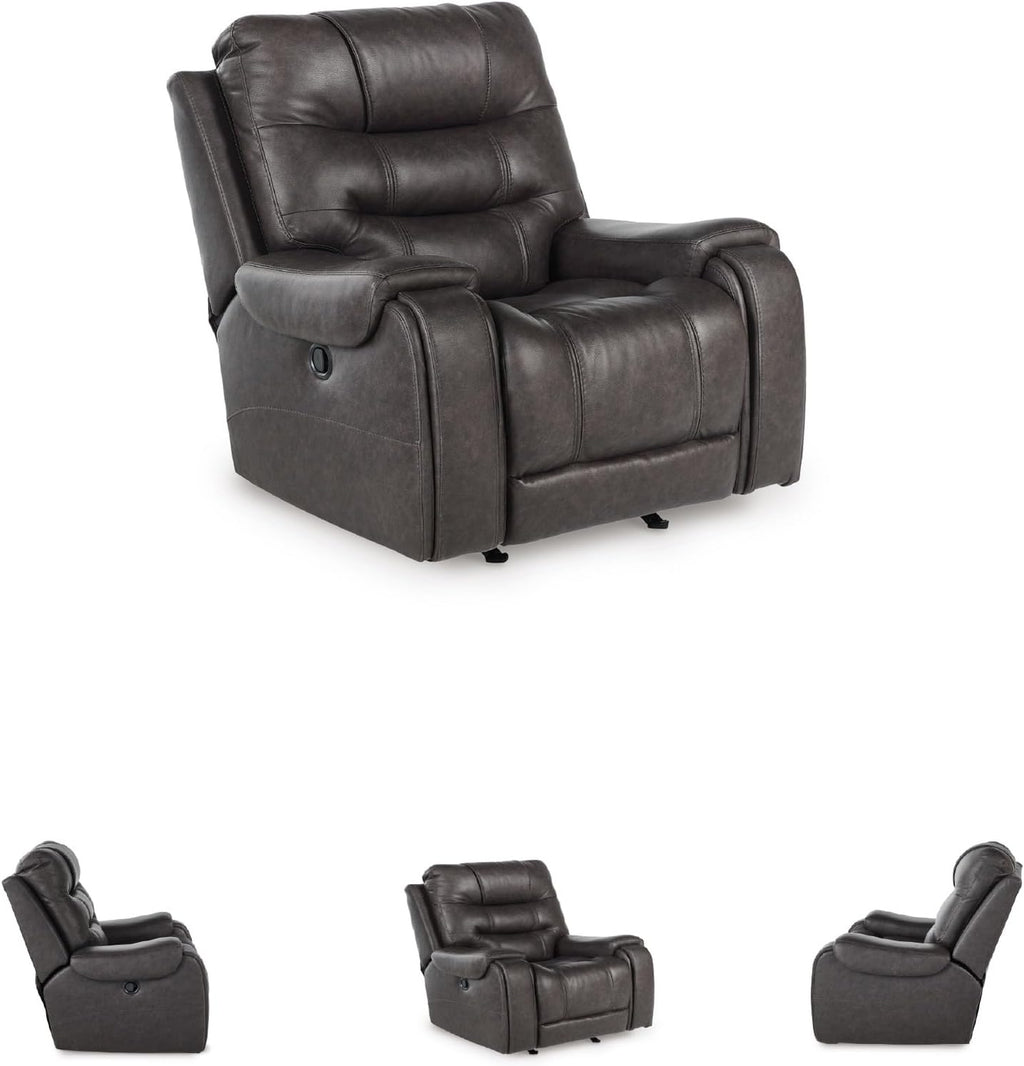 Signature Design by Ashley MakingMoves Rocker Recliner, Faux Leather Oversized Recliner Chair, No Assembly Required, with Pop-Out Cup Holders for Living Rooms, Smoke, 40' W