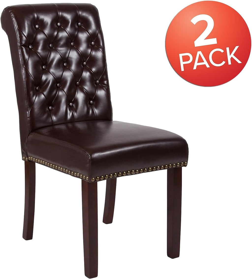 Flash Furniture Set of 2 HERCULES Series Brown LeatherSoft Parsons Chair with Rolled Back, Accent Nail Trim and Walnut Finish