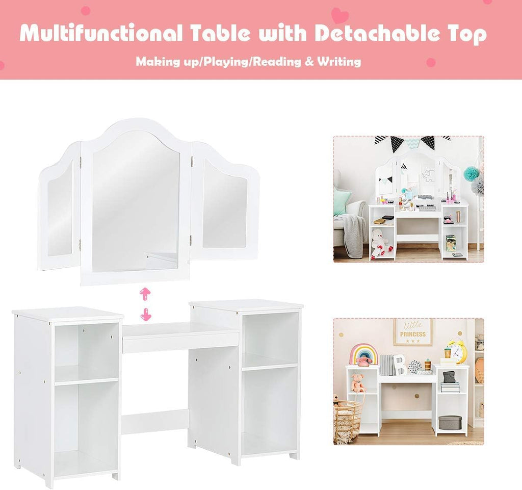 AKUSTIK Kids Vanity, 2 in 1 White Wooden Dressing Table for Toddlers with Tri-Folding Detachable Mirror, Storage Shelves, Pretend Princess Beauty Make Up Play Set for Little Girls