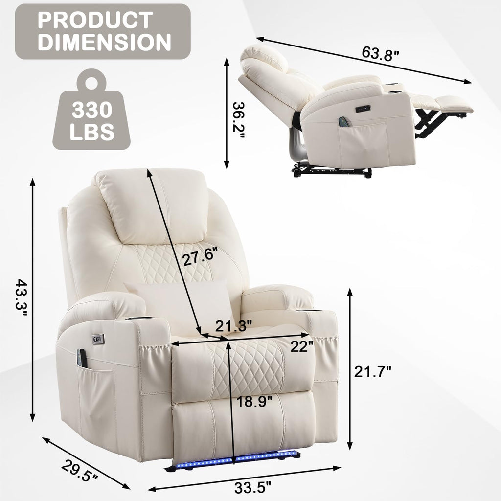 Power Recliner Chair with Heat and Massage for Adults - Home Theater Seating with LED Lights,Cup Holders,Side Pocket,USB Port - Recliner Sofa for Living Room (Beige, Set of 2)