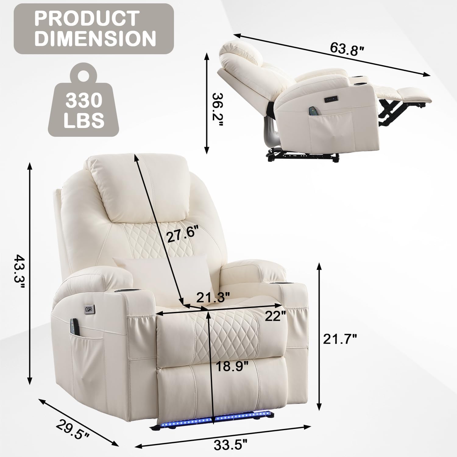 Power Recliner Chair with Heat and Massage for Adults - Home Theater Seating with LED Lights,Cup Holders,Side Pocket,USB Port - Recliner Sofa for Living Room (Beige, Set of 2)
