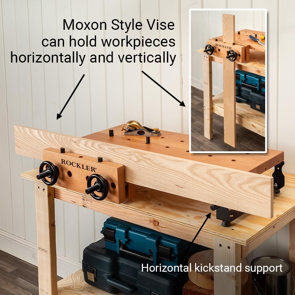 Rockler Handy Bench Portable Woodworking Workbench with Moxon Vise - 16x32 Solid Beech Benchtop, 4x4 Dog Hole Grid - Adjustable Steel Base Brackets, Compact Work Table for Garage or Shop