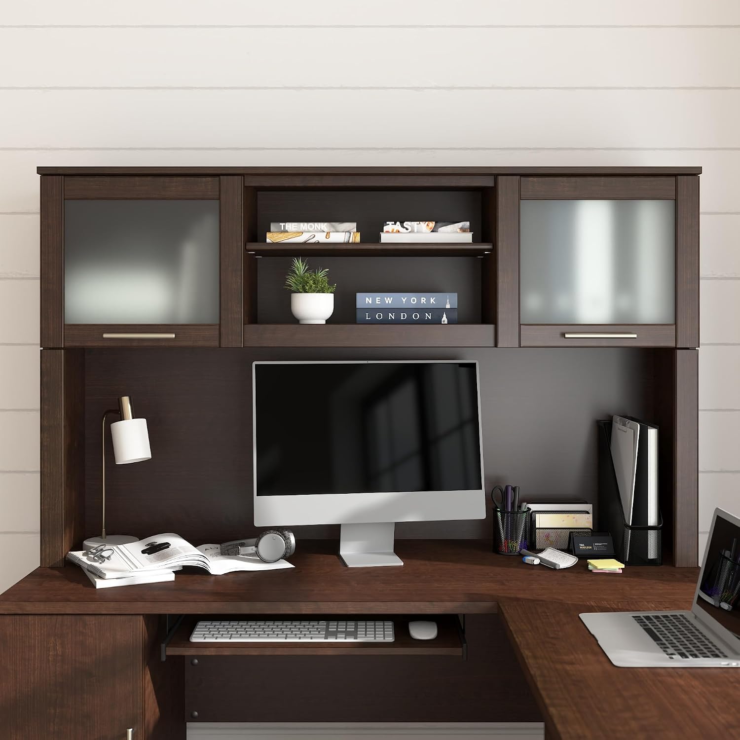 Bush Home 60-Inch Desk Hutch, Office Storage Organizer with Shelves, Cubbies and Frosted Glass Doors for Computer Desk, Home Office Furniture, Somerset Collection, Mocha Cherry