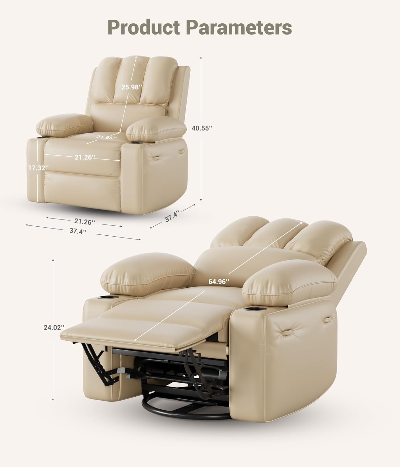 IDEALHOUSE Power Recliner Chair with Massage and Heat, Leather Fabric Reclining Sofa Chair, 360° Swivel Recliner Chairs with Cup Holder for Living Room, Bedroom, Nursery, Beige