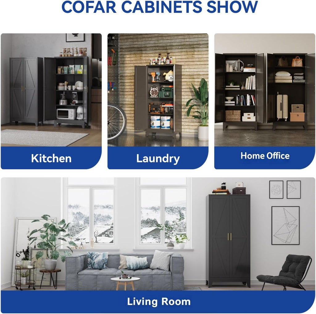 COFaR Metal Pantry Cabinet with Doors, Farmhouse 61'' Tall Storage Cabinet with 3 Adjustable Shelves, Kitchen Pantry Cabinet for Dinning Room, Garage, Laundry, Bathroom, Black 4-Tier