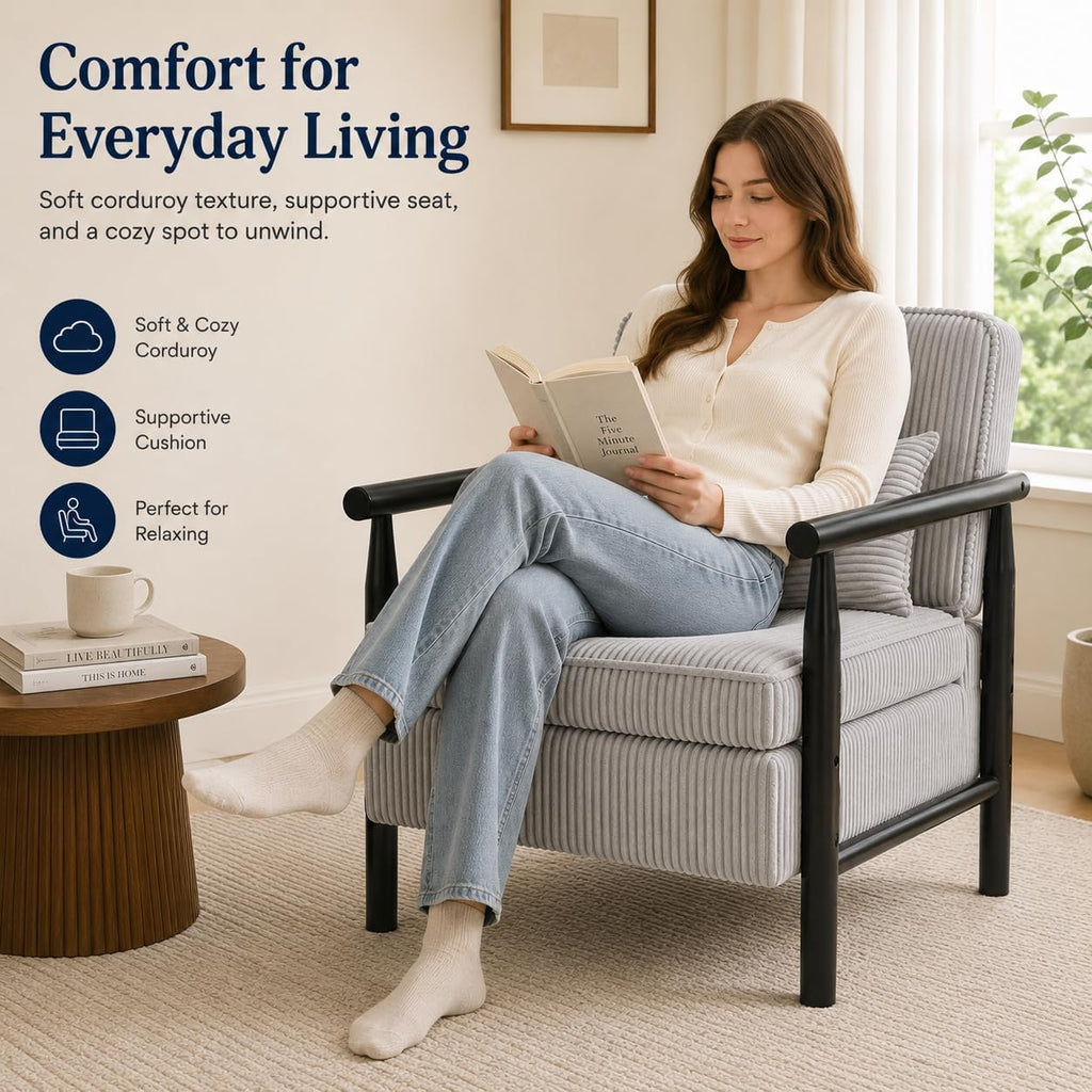 Accent Chair with Hidden Storage, Mid-Century Upholstered Armchair with Solid Wood Frame, Corduroy Fabric Accent Chair for Living Room, Bedroom, and Reading Corner(Grey)