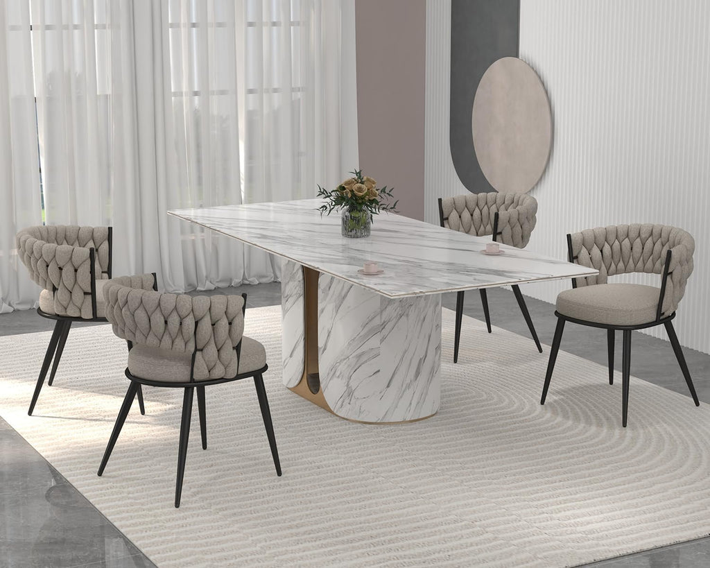 KCC Fabric Dining Chairs Set of 2, Modern Dining Chair with Metal Legs, Woven Upholstered Dining Chairs for Dining Room, Kitchen, Vanity, Living Room (Beige)