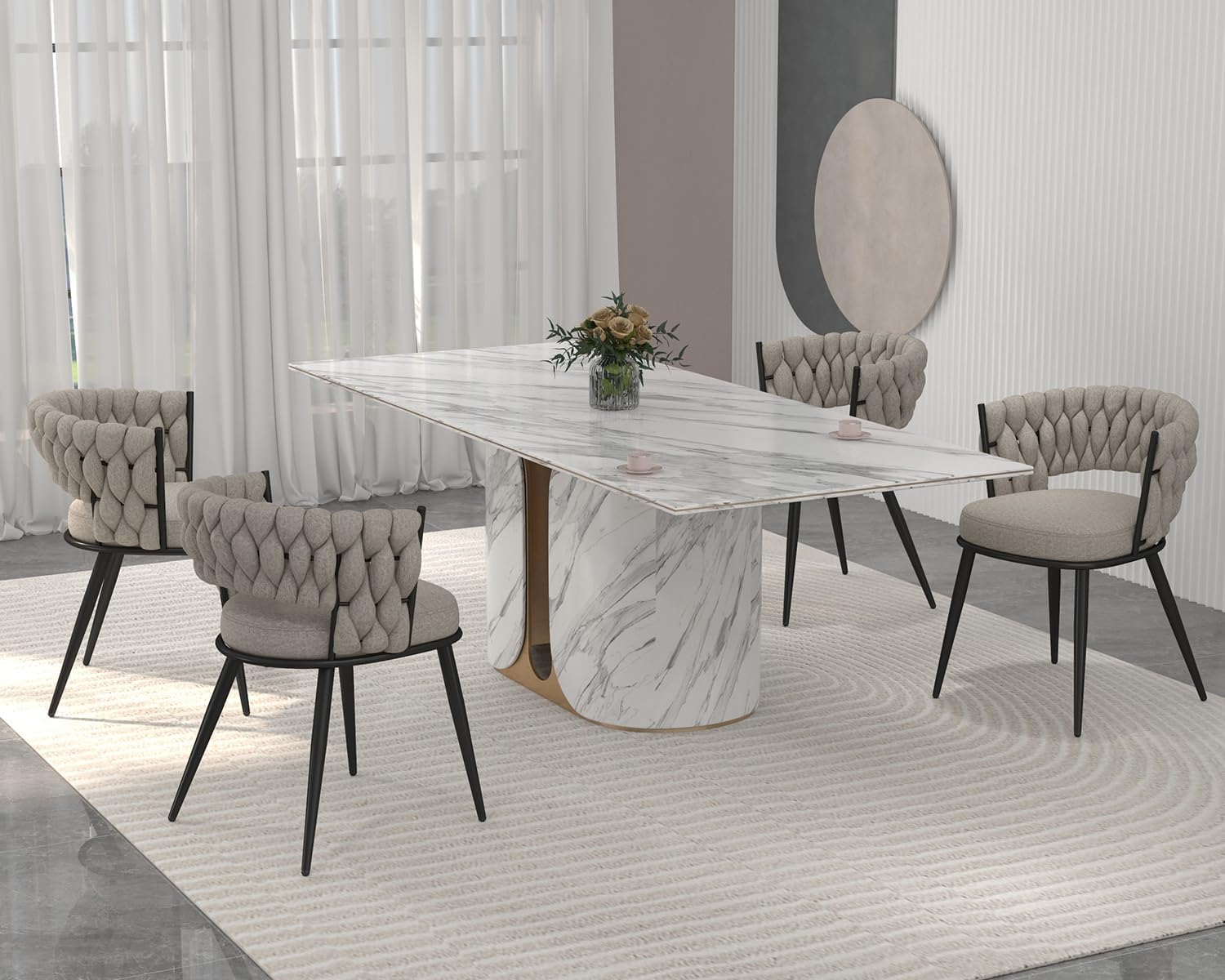 KCC Fabric Dining Chairs Set of 2, Modern Dining Chair with Metal Legs, Woven Upholstered Dining Chairs for Dining Room, Kitchen, Vanity, Living Room (Beige)
