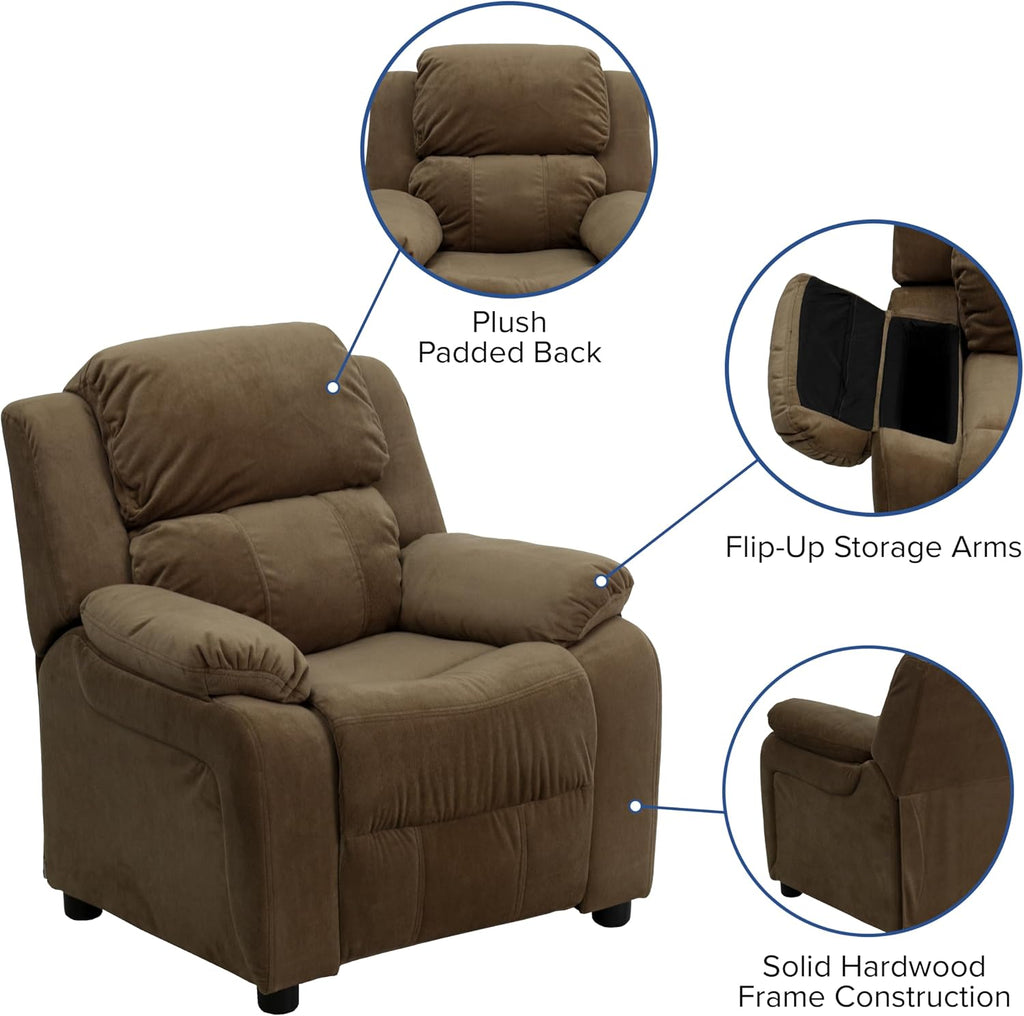 Flash Furniture Charlie Microfiber Kids Recliner with Flip-Up Storage Arms and Safety Recline, Contemporary Reclining Chair for Kids, Supports up to 90 lbs., Brown