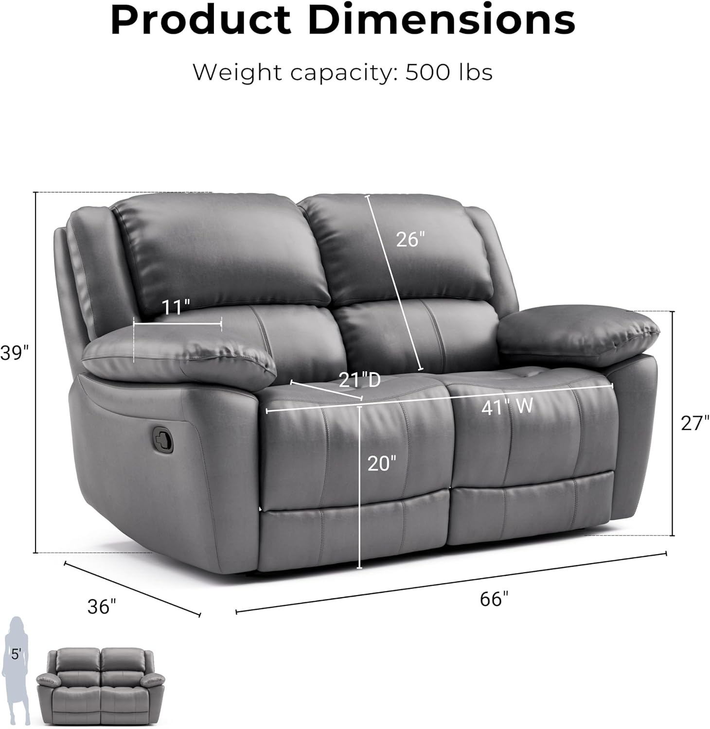 Furniture of America Sorin Modern Leather Recliner Loveseat with Pillow Armrests and High Density Foam, Reclining Sofa, Comfortable Couch for Living Room, Office, FSC Certified, Dark Gray