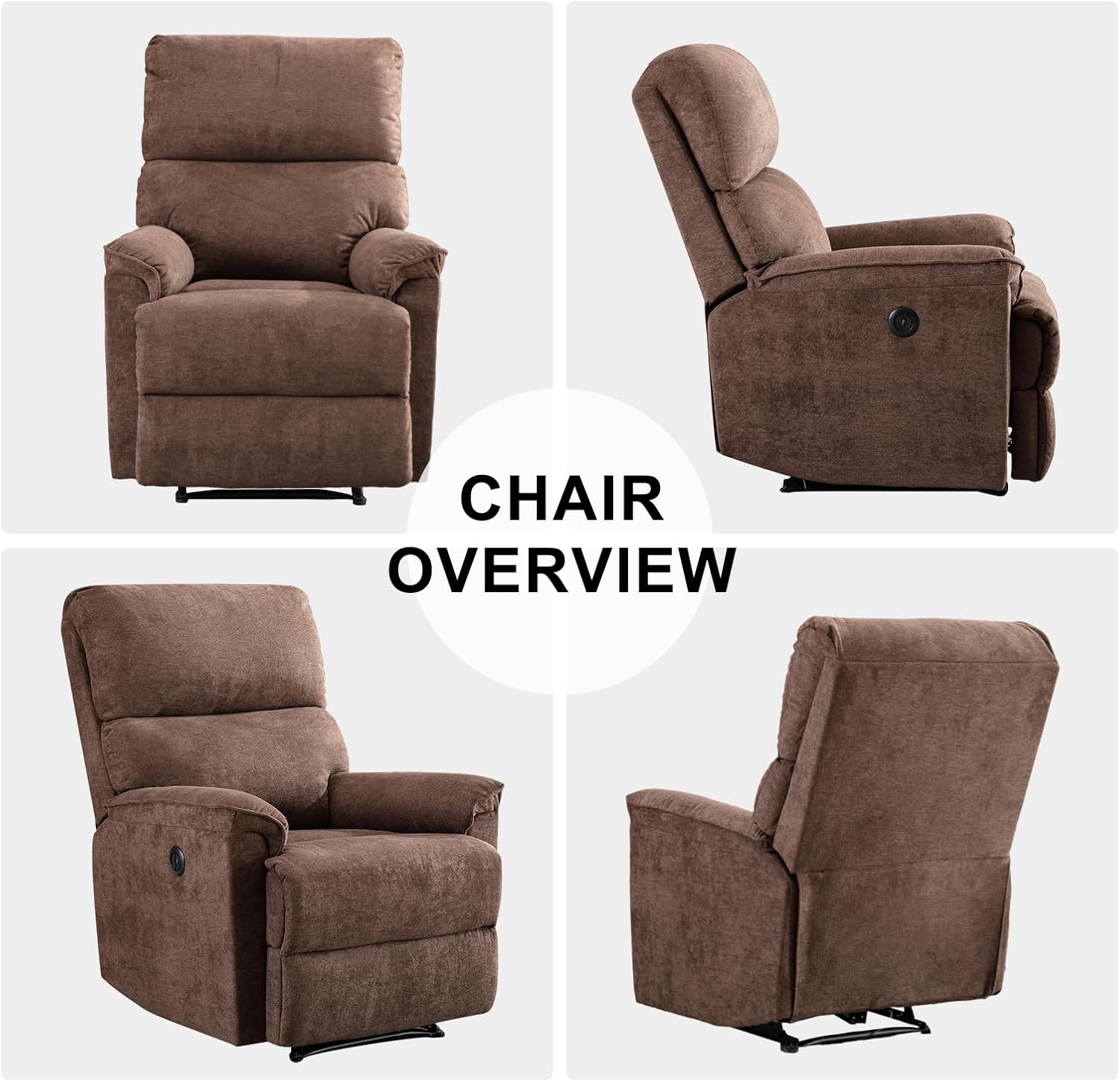 EBELLO Power Recliner Chair, Electric Recliner, Breathable Fabric Single Overstuffed Recliner Sofa with USB Charge Port for Elderly Living Room, Bedroom, Brown