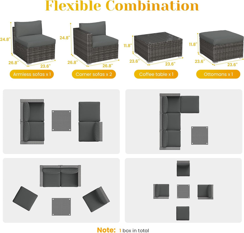 May in Color 5 Piece Outdoor Patio Sectional Furniture Set, Weather Resistant Rattan Outside Couch, Waterproof Conversation Sofa for Balcony, Porch, Backyard, Deck, Garden, Grey
