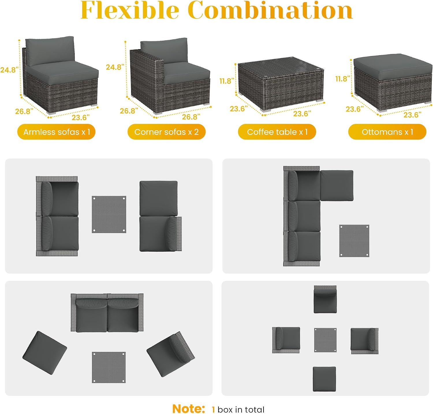 May in Color 5 Piece Outdoor Patio Sectional Furniture Set, Weather Resistant Rattan Outside Couch, Waterproof Conversation Sofa for Balcony, Porch, Backyard, Deck, Garden, Grey