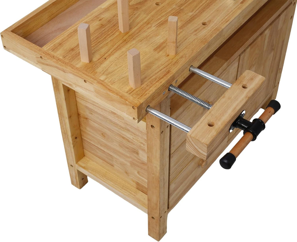 Tidyard Wood Workbench, Heavy-Duty Rubberwood Work Table with Bar Clamps Set 12 inch and 24 inch, Four Metal Pillars and Storage Drawers for Garage Workshop Home DIY Projects