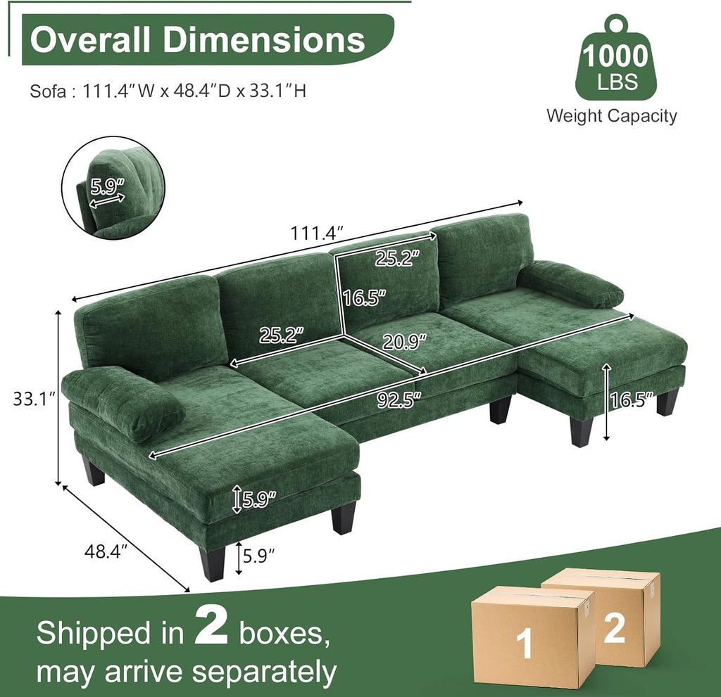 Karl home U-Shape Sectional Sofa Couch 111' Modern 4-Seat Sofa with Chaises Chenille Fabric Upholstered Covertible Couch with Wood Grain Legs for Living Room, Reception Room, Apartment, Green