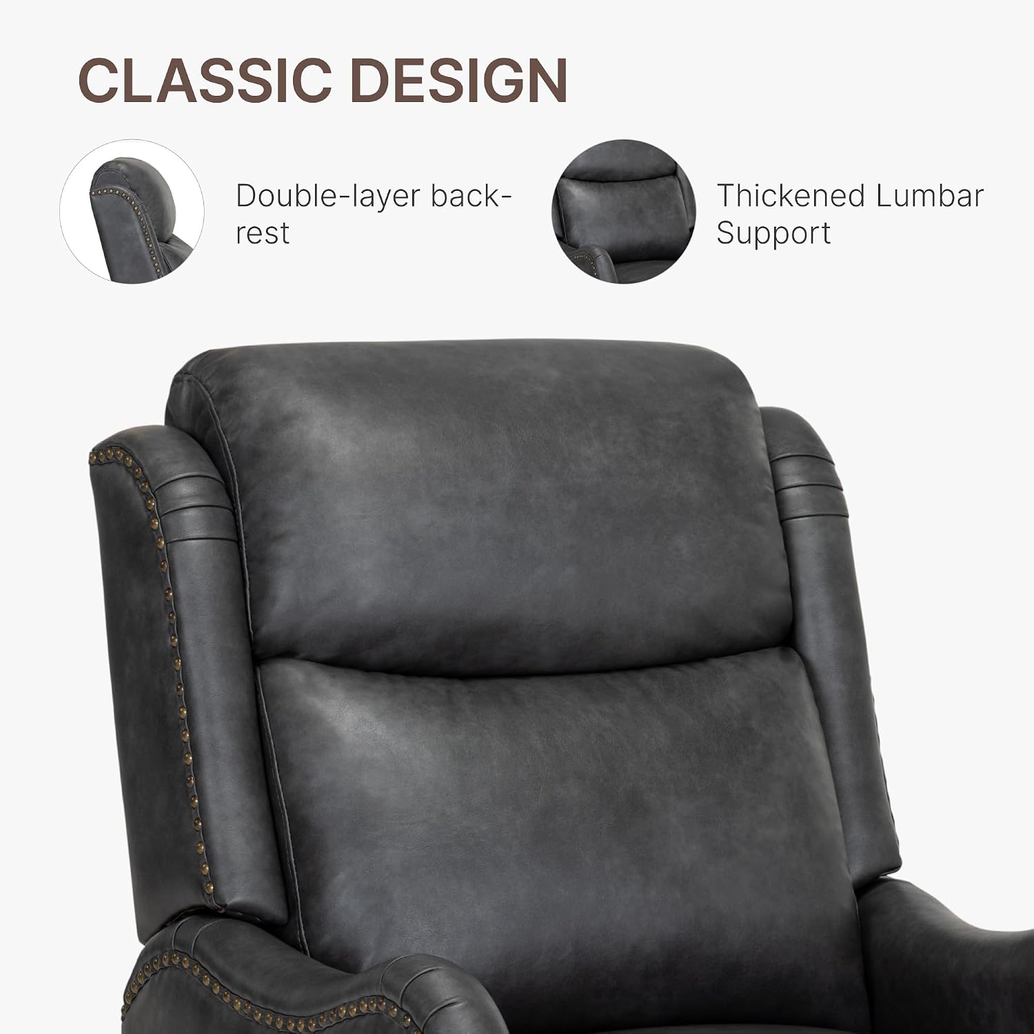 KISLOT Leather Pushback Recliner Faux Armchair with Rivet Decoration Single Sofa Accent Chair for Living Room Bedroom