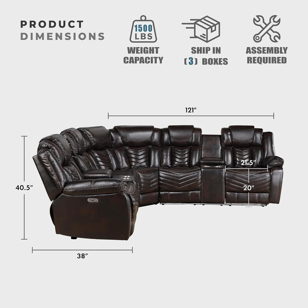 Lexicon Modern 3-Piece Power Reclining Sectional Sofa, Wall Hugger Faux Leather Sectional Couch, with Consoles, Speakers, Subwoofer and Led Lighting, for Living Room/Office/Apartment, Dark Brown