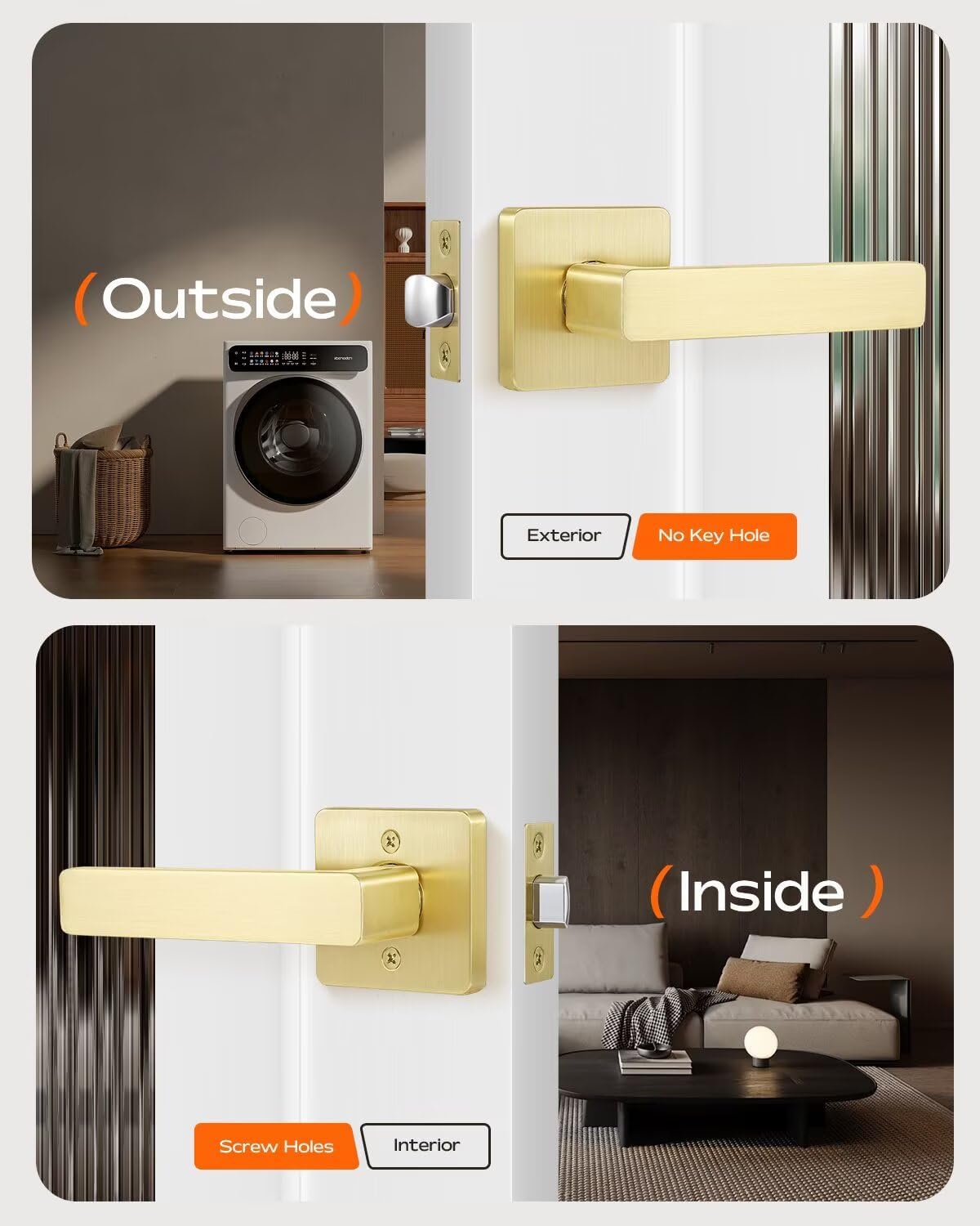 Leydebong 5 Pack Passage Door Handles, Satin Brass Door Knobs Interior, Hallway Closet Door Levers, Heavy Duty Square Door Handle, Reversible for Left or Right Handles