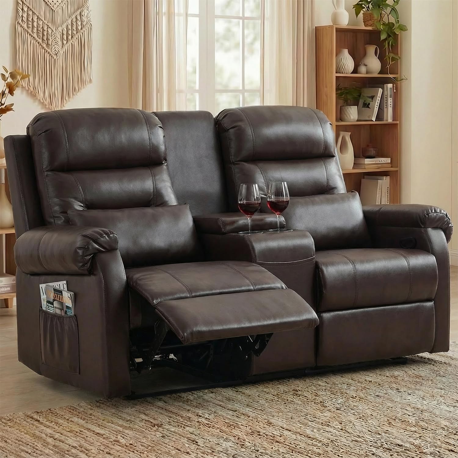 RV Loveseat Recliner with Console, Reclining Loveseat Sofa, Manual Home Theater Seating with Pockets/Cup Holders for Living Room/RV Furniture (Chocolate PU)