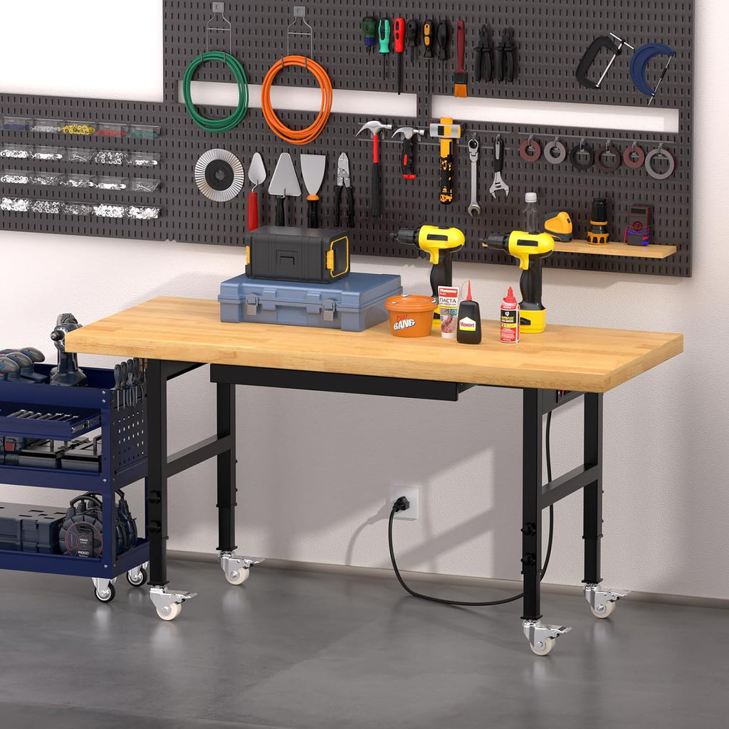 60' Heavy-Duty Solid Wood Work Bench with Drawers, Adjustable Height Workbench with Wheels, 2000 LBS Capacity Work Table with Power Outlets for Garage, Workshop(60' X 24')