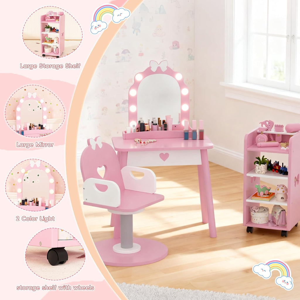Wooden Kids Vanity Table and Chair Set with Light and Mirror, Princess Makeup Vanity Desk with Barber Chair and Rolling Cart, Pretend Hair Salon Play Set, Toddler Vanity Set for Girls, Pink