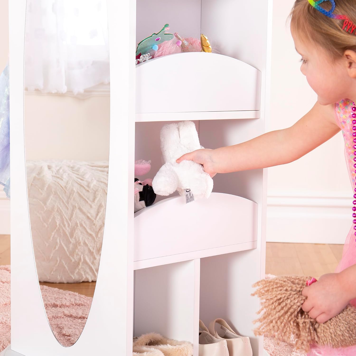 Guidecraft Rotating Dress-Up Storage - White: Kids' Armoire with 2 Mirrors, Cubbies & Hooks for Costumes, Clothes, Shoes and Accessories - Toddlers Pretend Play Station