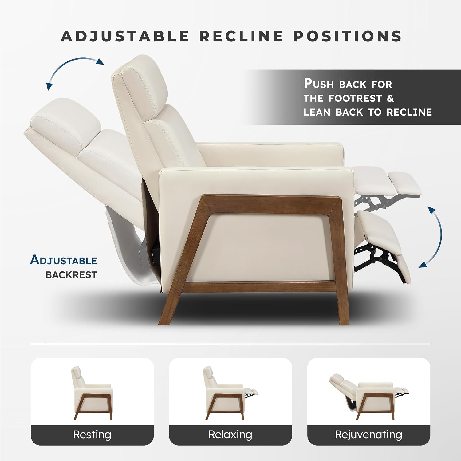 Lexicon Push Back Recliner Chair, Faux Leather Upholstered Reclining Chair with Footrest, Exposed Dark Brown Finish Wood Frame, Small Recliner for Small Space, Living Room, Bedroom, Light Beige