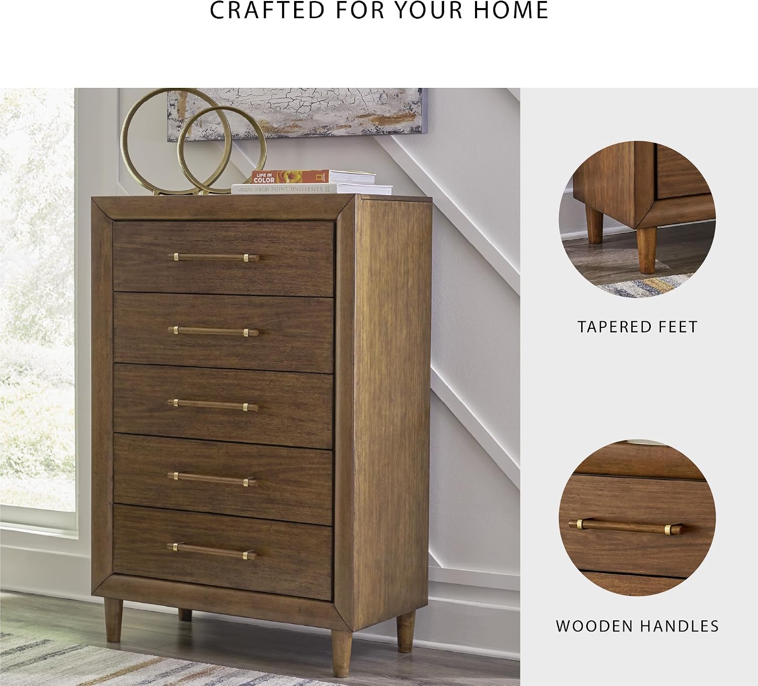 Signature Design by Ashley Lyncott Casual 5 Drawer Chest with Felt-Lined Top Drawer and Safety Stop for Bedroom, Dark Brown