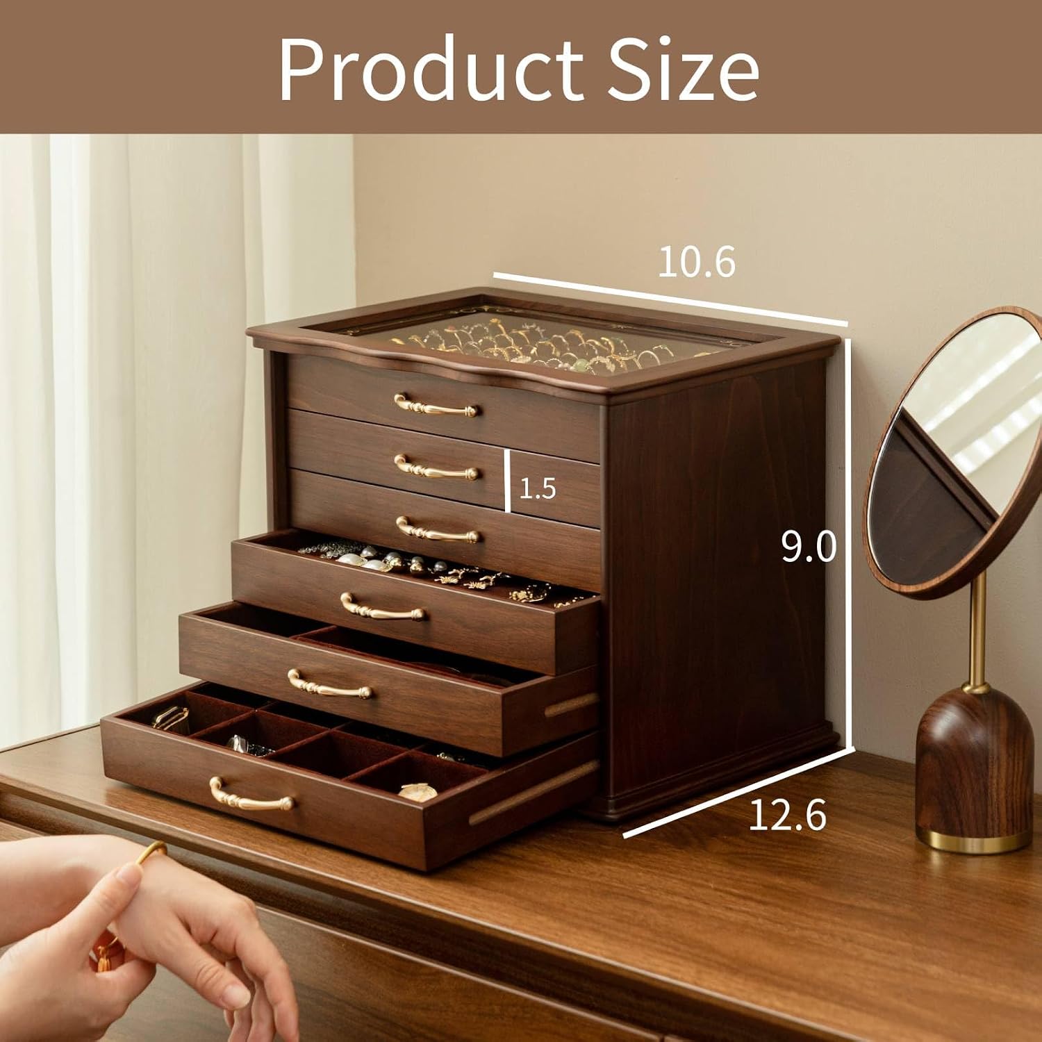 Kinsuite Black Walnet Jewelry Box with Glass Top & 6 Drawers - Handcrafted Vintage Organizer, Gold Hardware, for Necklaces, Rings, Watches - Elegant Display & Storage Chest for Women