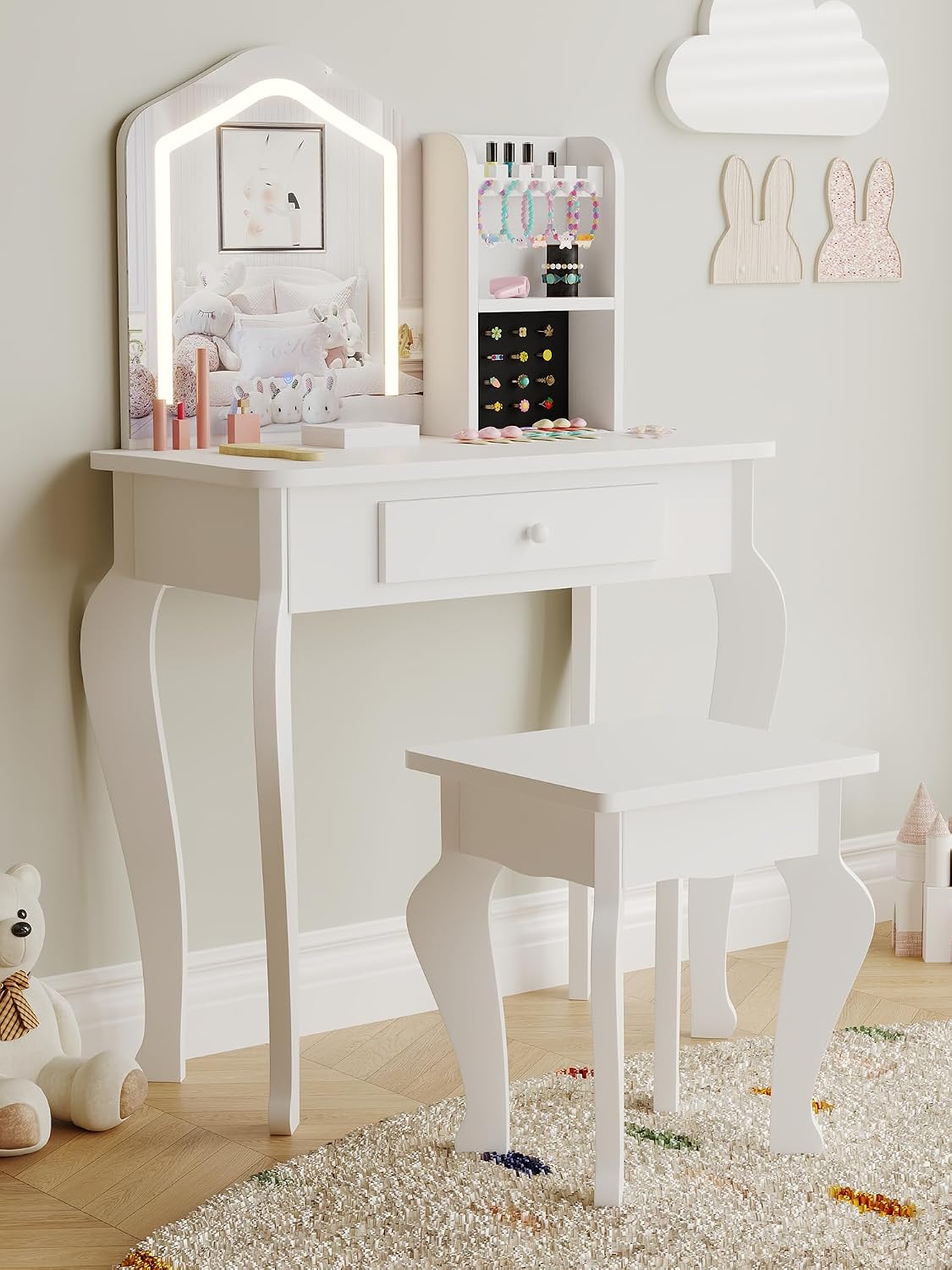 GarveeHome Kids Vanity with Lighted Mirror, Toddler Vanity Table and Chair Set, Girls Makeup Playset, White