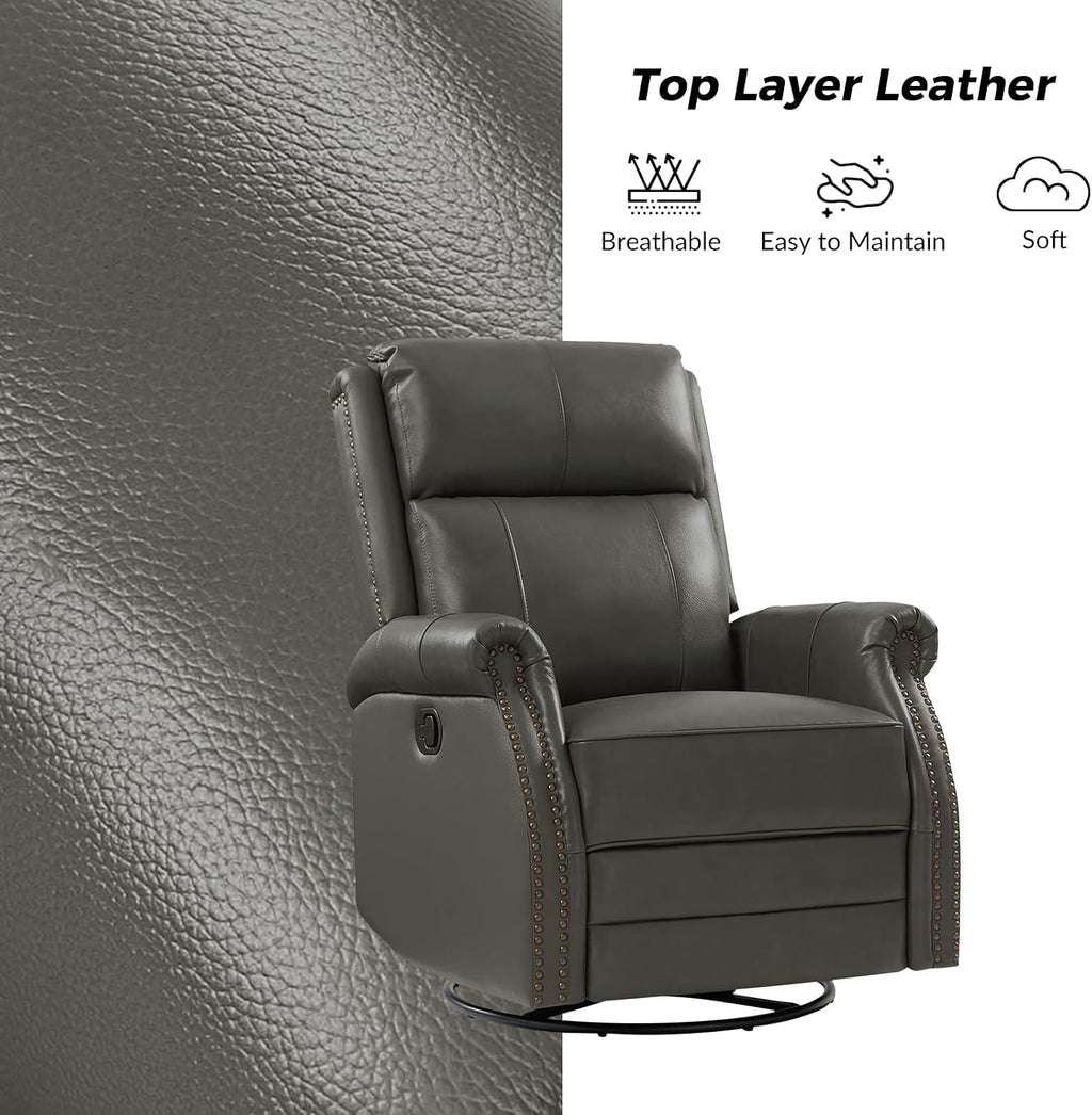 HULALA HOME Genuine Leather Swivel Rocker Recliner with Adjustable Backrest & Footrest, Manual Glider Recliner Chair with 360°Swivel Base, Home Theater Sofa Armchair for Living Room Bedroom, Grey
