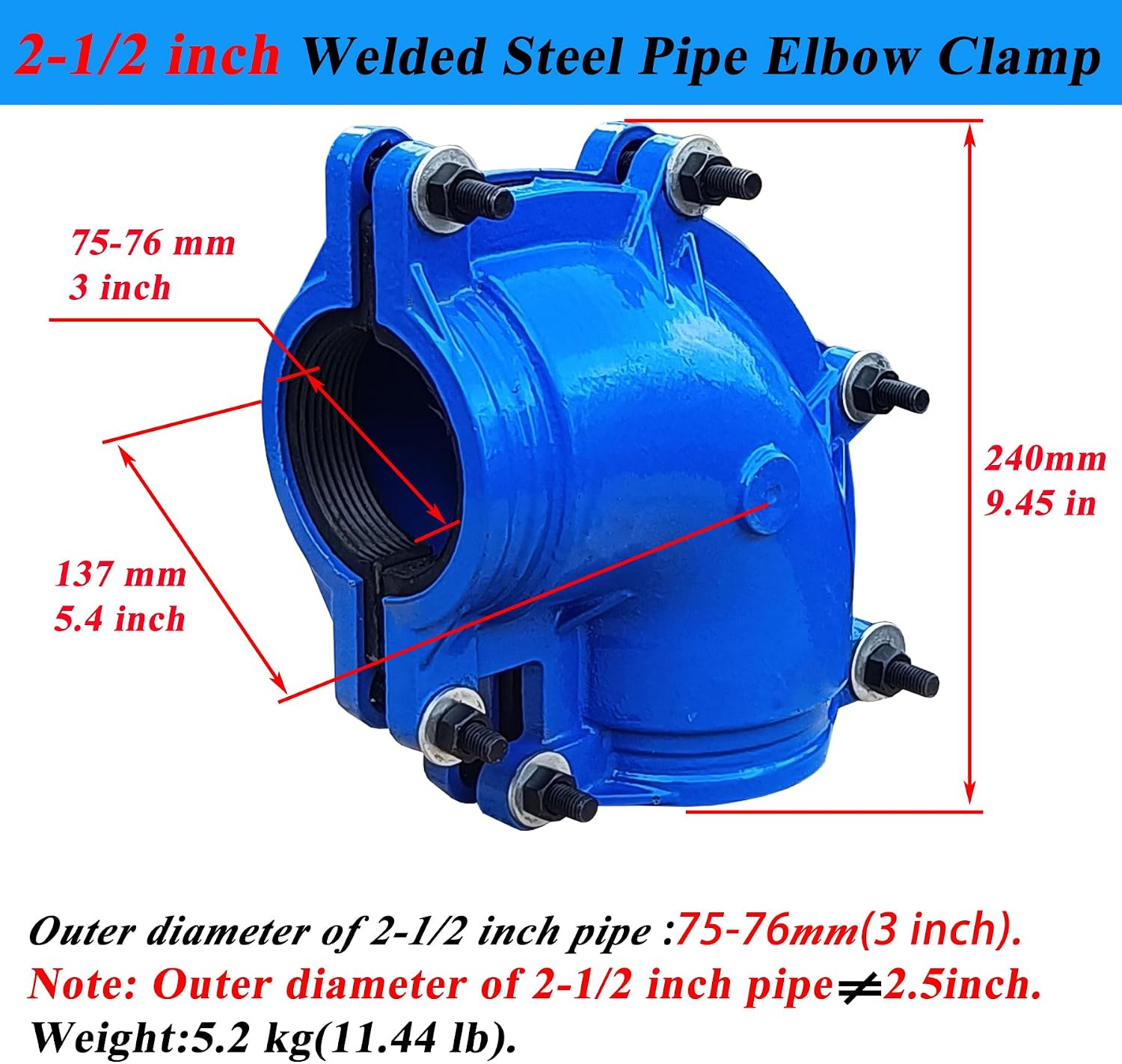 Pipe Repair Clamp For 2-1/2 Inch Welded Steel Pipe Elbow(OD of the Pipe and Elbow are 3 inch),90 Degree Elbow Leak Sealer,Long Radius,Only Suitable for Welded Steel Pipes